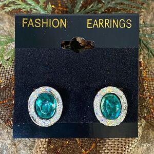 Emerald Colored Earrings with Rhinestone Frame Post Backs